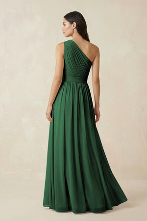 One - Shoulder Pleated Chiffon Bridesmaid Gown in Dark Green - SHE IS ME Bridesmaid Dresses