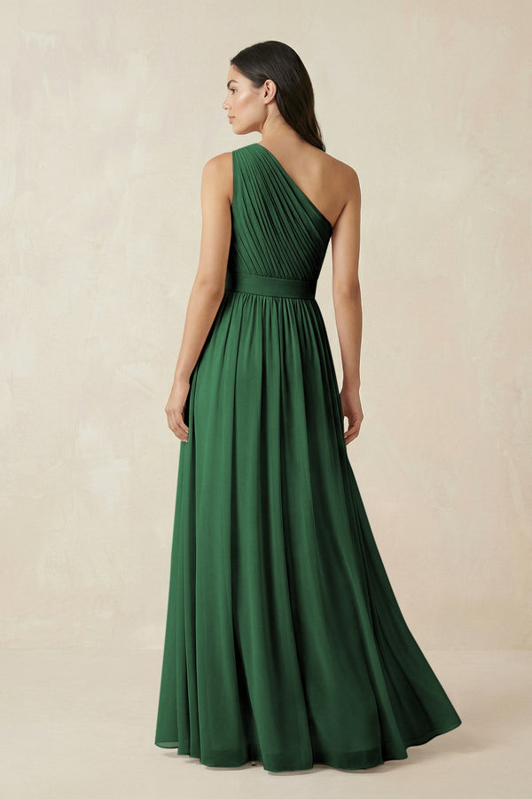 One - Shoulder Pleated Chiffon Bridesmaid Gown in Dark Green - SHE IS ME Bridesmaid Dresses