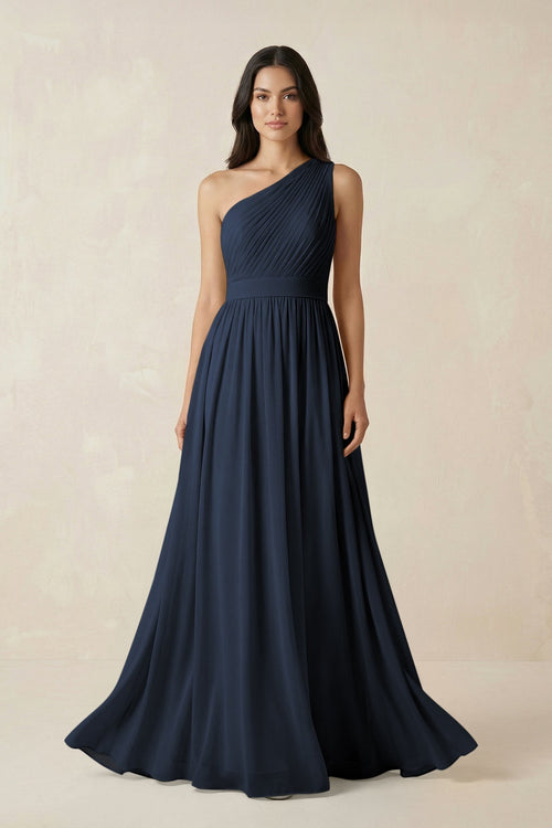 One - Shoulder Pleated Chiffon Bridesmaid Gown in Dark Navy - SHE IS ME Bridesmaid Dresses