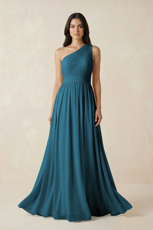 One - Shoulder Pleated Chiffon Bridesmaid Gown in Dark Teal - SHE IS ME Bridesmaid Dresses