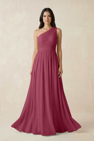 One - Shoulder Pleated Chiffon Bridesmaid Gown in Desert Rose - SHE IS ME Bridesmaid Dresses
