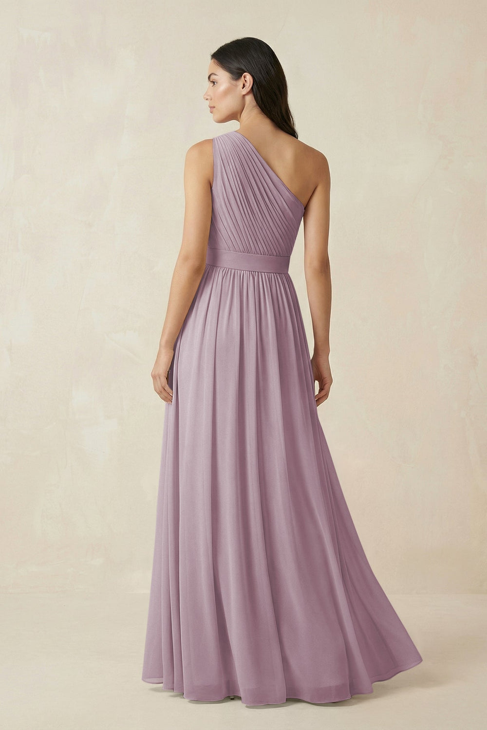 One - Shoulder Pleated Chiffon Bridesmaid Gown in Dusk - SHE IS ME Bridesmaid Dresses