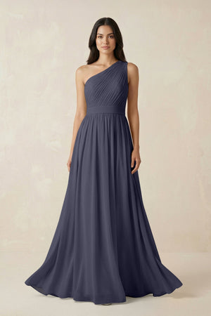 One - Shoulder Pleated Chiffon Bridesmaid Gown in Dusk Blue - SHE IS ME Bridesmaid Dresses