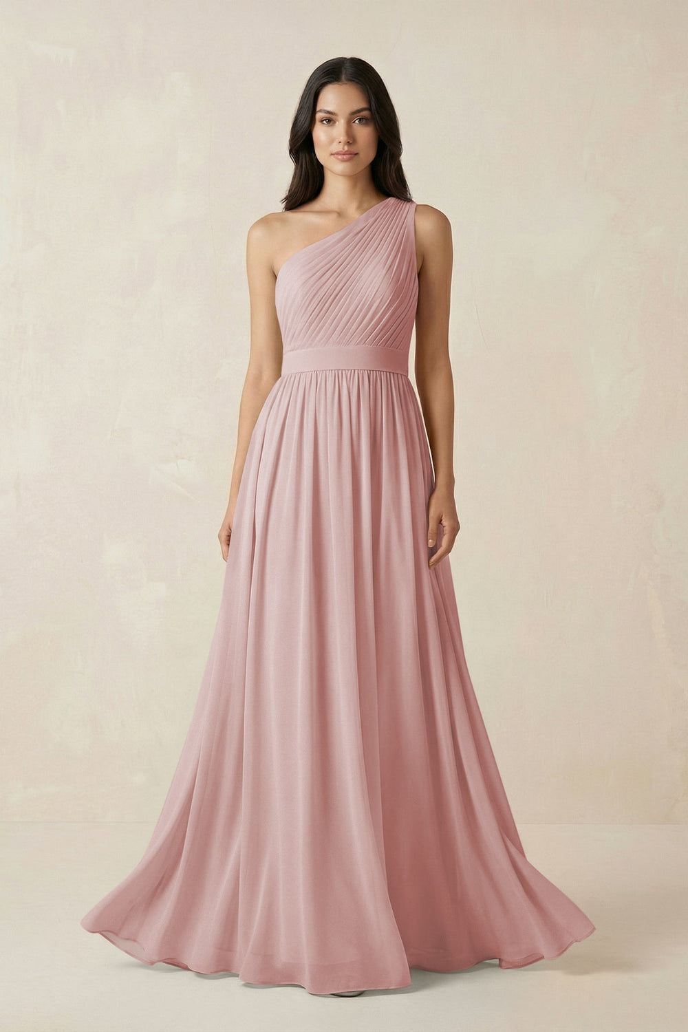 One - Shoulder Pleated Chiffon Bridesmaid Gown in Dusty Rose - SHE IS ME Bridesmaid Dresses