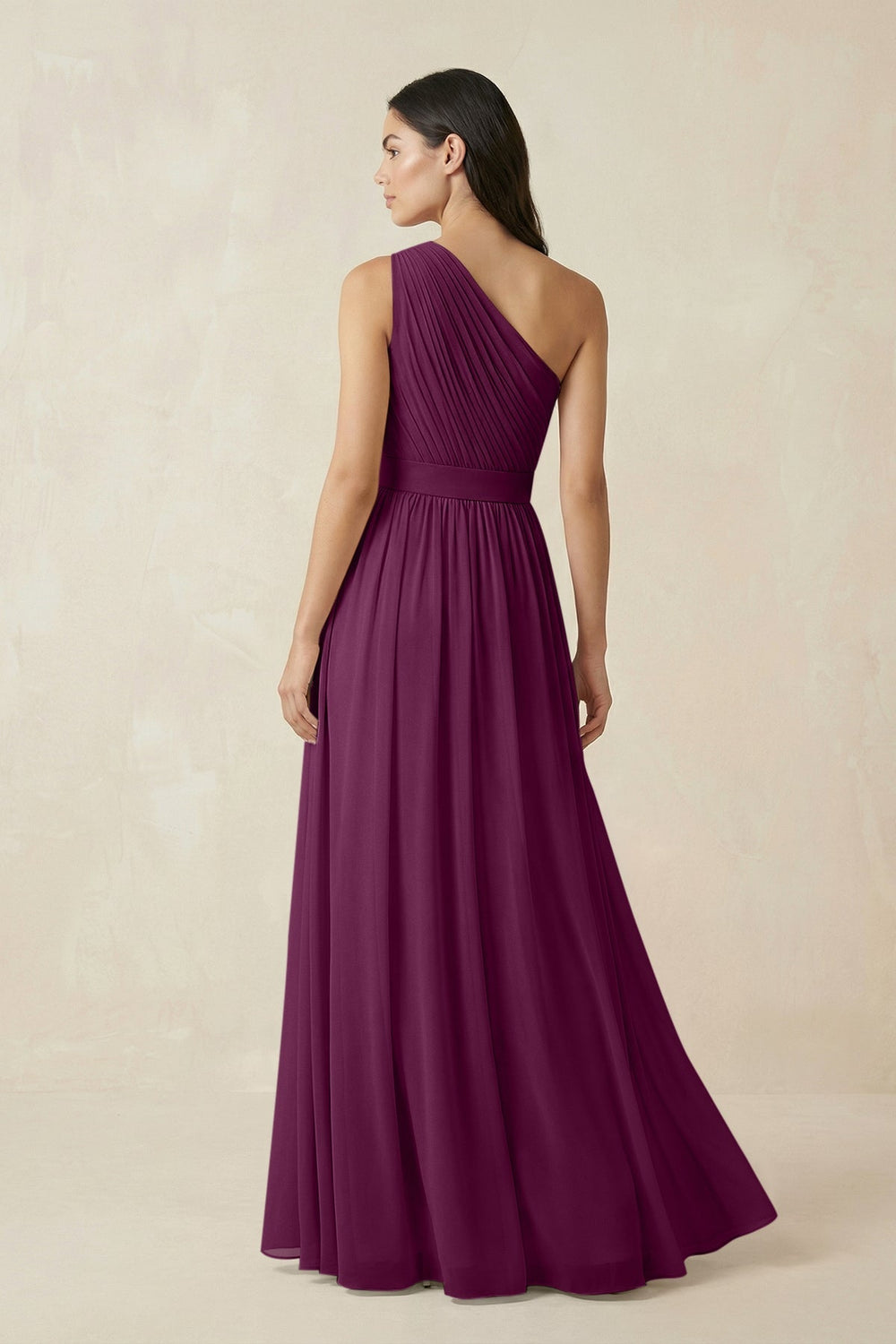 One - Shoulder Pleated Chiffon Bridesmaid Gown in Fig - SHE IS ME Bridesmaid Dresses