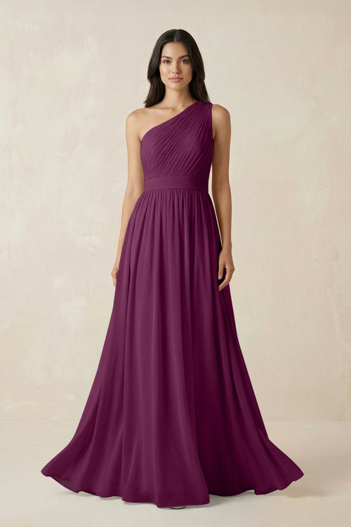 One - Shoulder Pleated Chiffon Bridesmaid Gown in Fig - SHE IS ME Bridesmaid Dresses