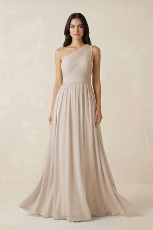 One - Shoulder Pleated Chiffon Bridesmaid Gown in Frost - SHE IS ME Bridesmaid Dresses