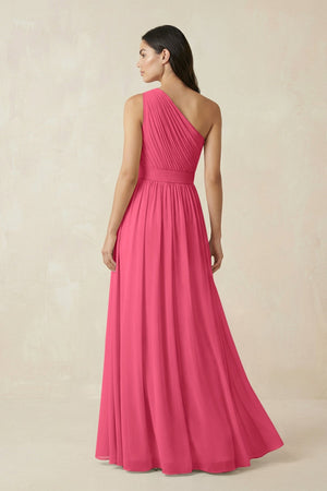 One - Shoulder Pleated Chiffon Bridesmaid Gown in Fuchsia - SHE IS ME Bridesmaid Dresses