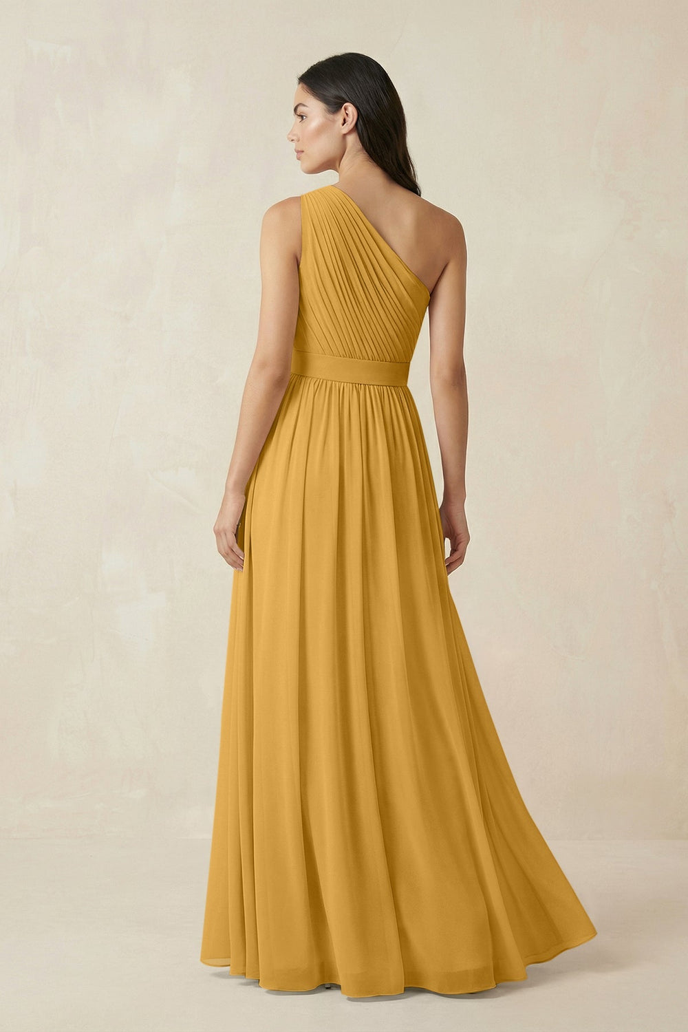 One - Shoulder Pleated Chiffon Bridesmaid Gown in Marigold - SHE IS ME Bridesmaid Dresses