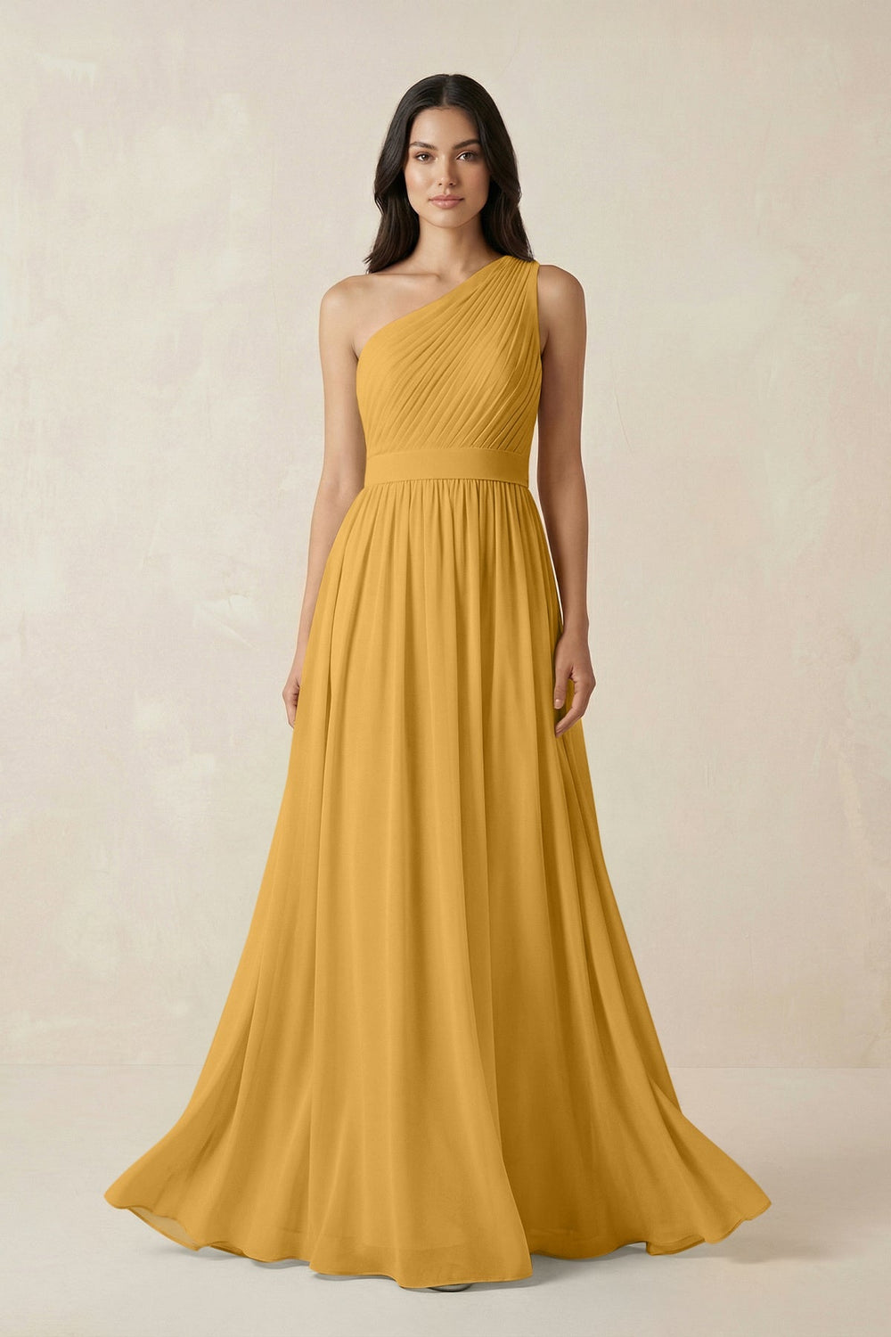 One - Shoulder Pleated Chiffon Bridesmaid Gown in Marigold - SHE IS ME Bridesmaid Dresses