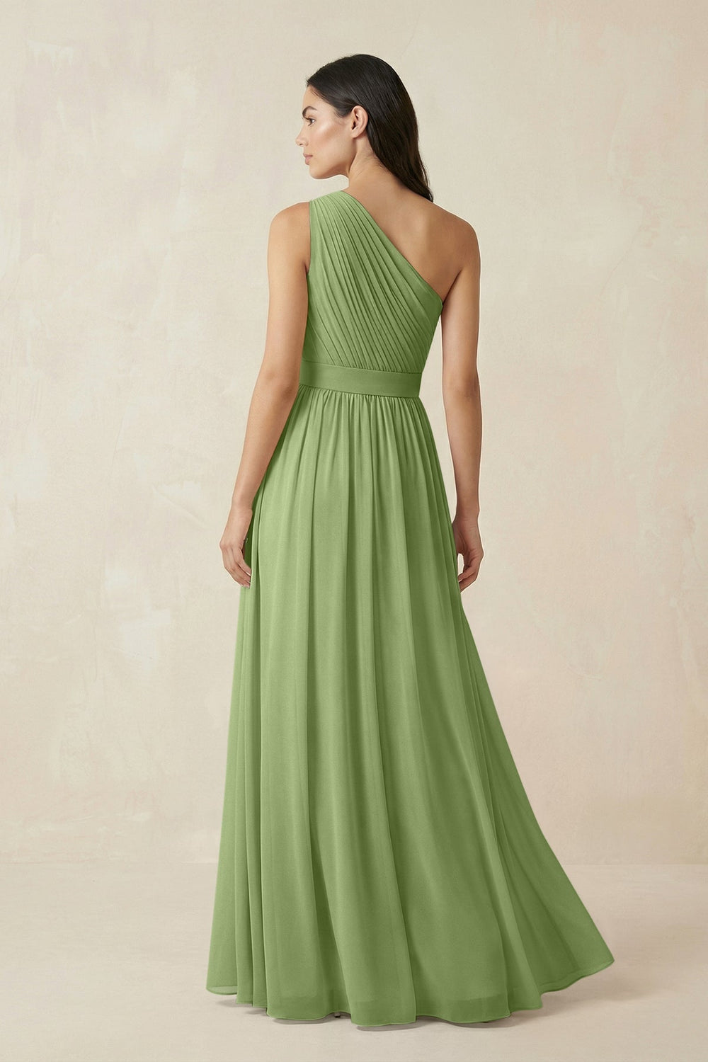 One - Shoulder Pleated Chiffon Bridesmaid Gown in Matcha - SHE IS ME Bridesmaid Dresses