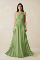 One - Shoulder Pleated Chiffon Bridesmaid Gown in Matcha - SHE IS ME Bridesmaid Dresses