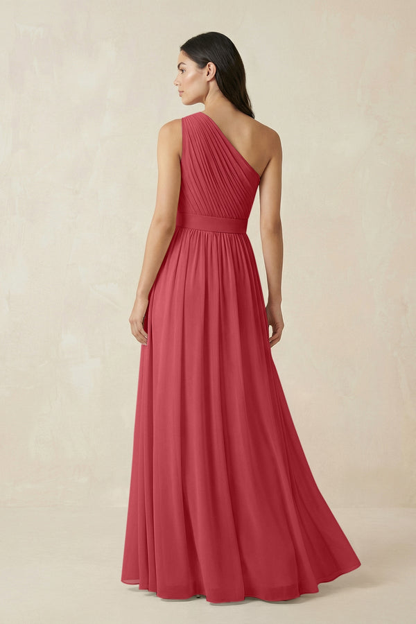 One - Shoulder Pleated Chiffon Bridesmaid Gown in Merlot - SHE IS ME Bridesmaid Dresses
