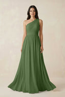 One - Shoulder Pleated Chiffon Bridesmaid Gown in Moss - SHE IS ME Bridesmaid Dresses