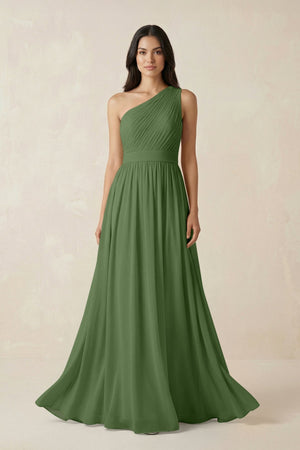 One - Shoulder Pleated Chiffon Bridesmaid Gown in Moss - SHE IS ME Bridesmaid Dresses