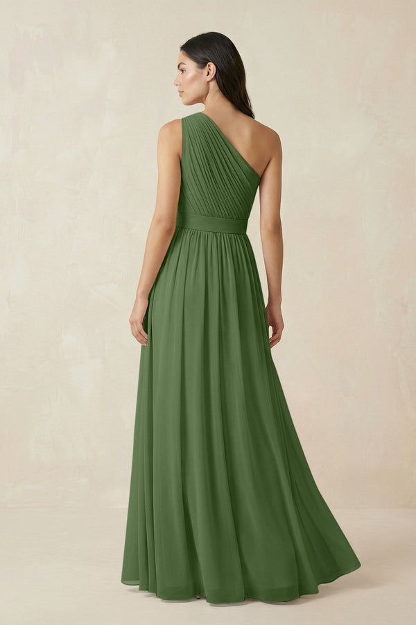 One - Shoulder Pleated Chiffon Bridesmaid Gown in Moss - SHE IS ME Bridesmaid Dresses