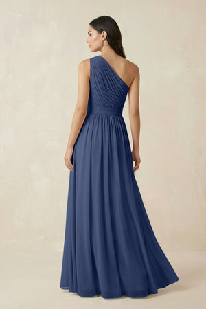 One - Shoulder Pleated Chiffon Bridesmaid Gown in Navy - SHE IS ME Bridesmaid Dresses