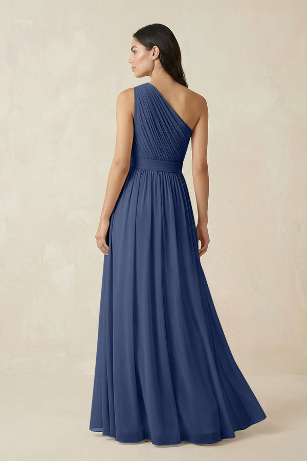 One - Shoulder Pleated Chiffon Bridesmaid Gown in Navy - SHE IS ME Bridesmaid Dresses