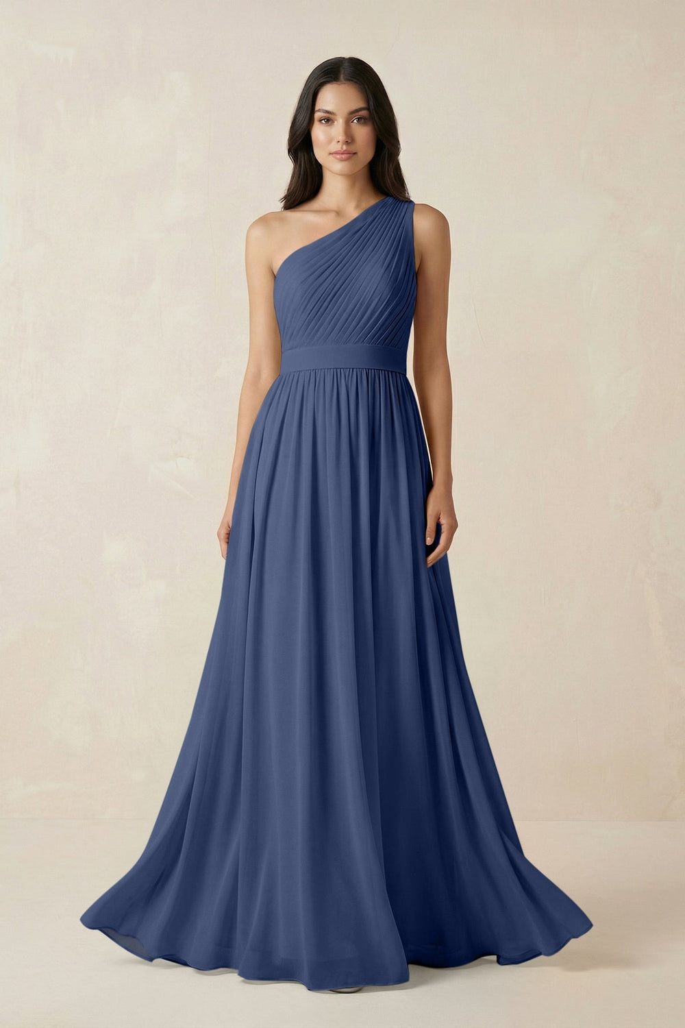 One - Shoulder Pleated Chiffon Bridesmaid Gown in Navy - SHE IS ME Bridesmaid Dresses