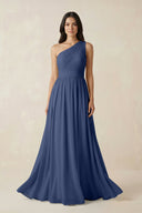 One - Shoulder Pleated Chiffon Bridesmaid Gown in Navy - SHE IS ME Bridesmaid Dresses