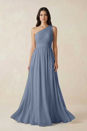 One - Shoulder Pleated Chiffon Bridesmaid Gown in Neptune - SHE IS ME Bridesmaid Dresses