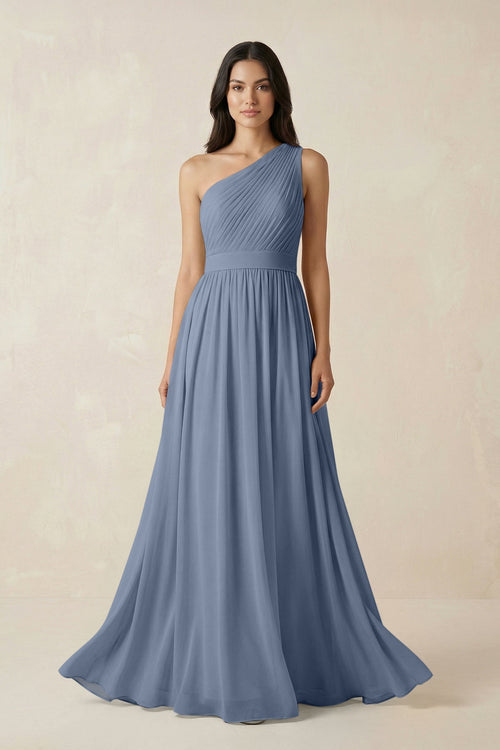 One - Shoulder Pleated Chiffon Bridesmaid Gown in Neptune - SHE IS ME Bridesmaid Dresses