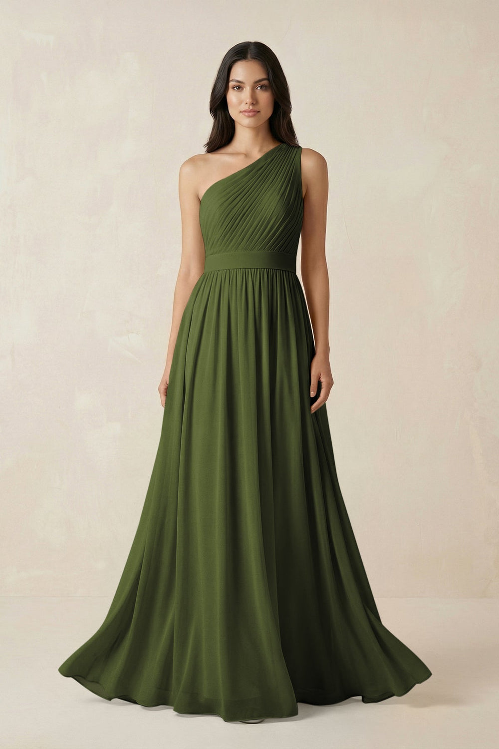 One - Shoulder Pleated Chiffon Bridesmaid Gown in Olive - SHE IS ME Bridesmaid Dresses