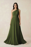 One - Shoulder Pleated Chiffon Bridesmaid Gown in Olive - SHE IS ME Bridesmaid Dresses