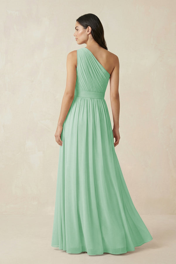 One - Shoulder Pleated Chiffon Bridesmaid Gown in Pale Pistachio - SHE IS ME Bridesmaid Dresses