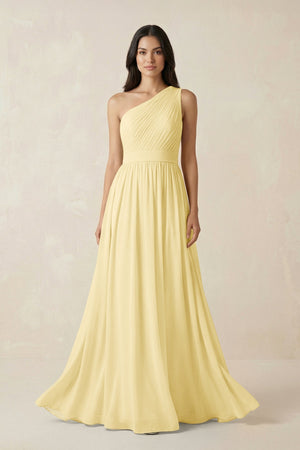 One - Shoulder Pleated Chiffon Bridesmaid Gown in Pastel Yellow - SHE IS ME Bridesmaid Dresses