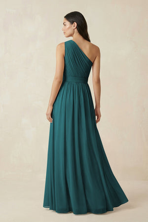 One - Shoulder Pleated Chiffon Bridesmaid Gown in Pine - SHE IS ME Bridesmaid Dresses