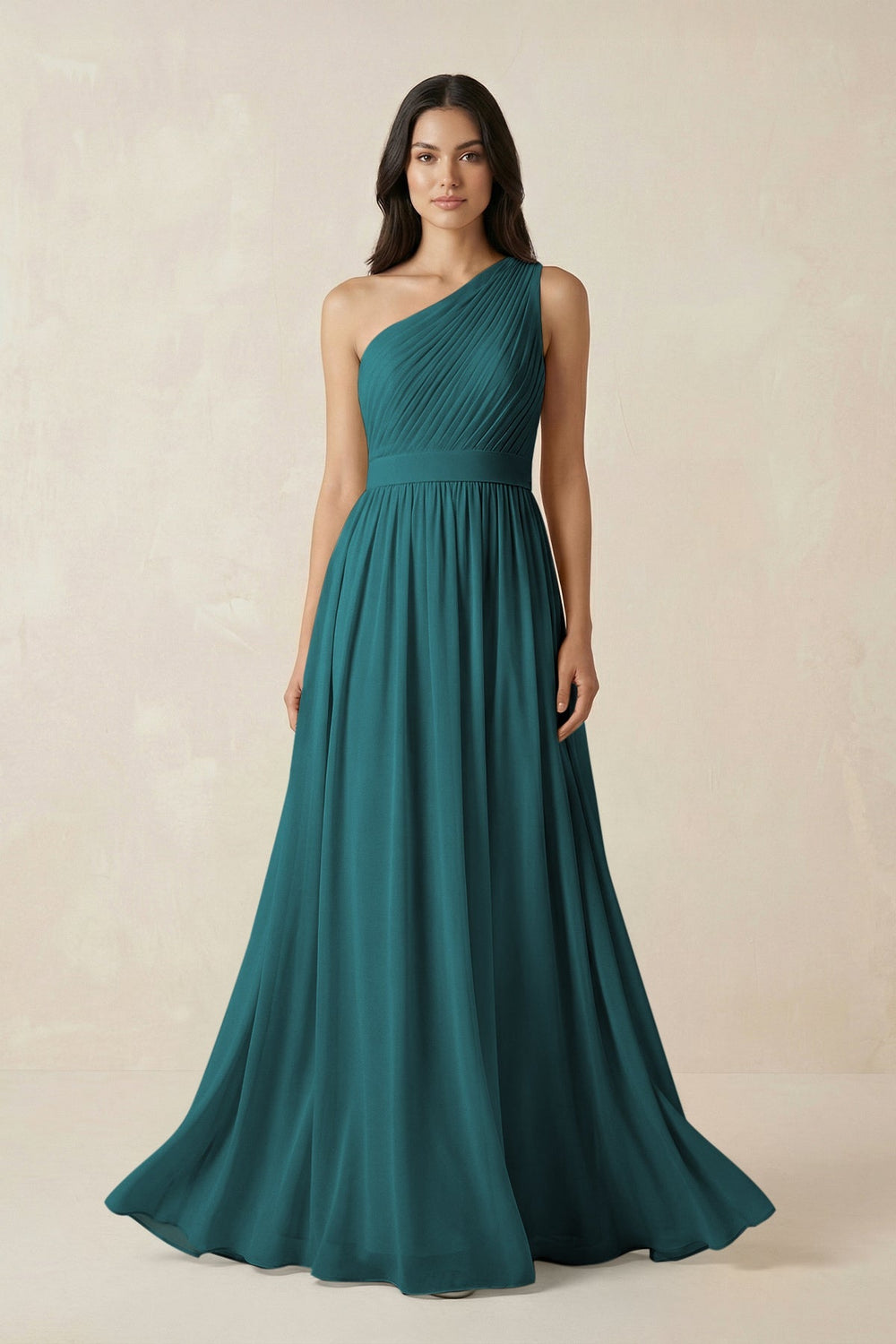 One - Shoulder Pleated Chiffon Bridesmaid Gown in Pine - SHE IS ME Bridesmaid Dresses