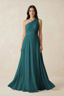 One - Shoulder Pleated Chiffon Bridesmaid Gown in Pine - SHE IS ME Bridesmaid Dresses