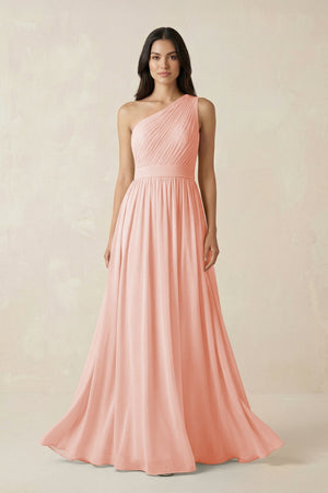 One - Shoulder Pleated Chiffon Bridesmaid Gown in Rose Petal - SHE IS ME Bridesmaid Dresses
