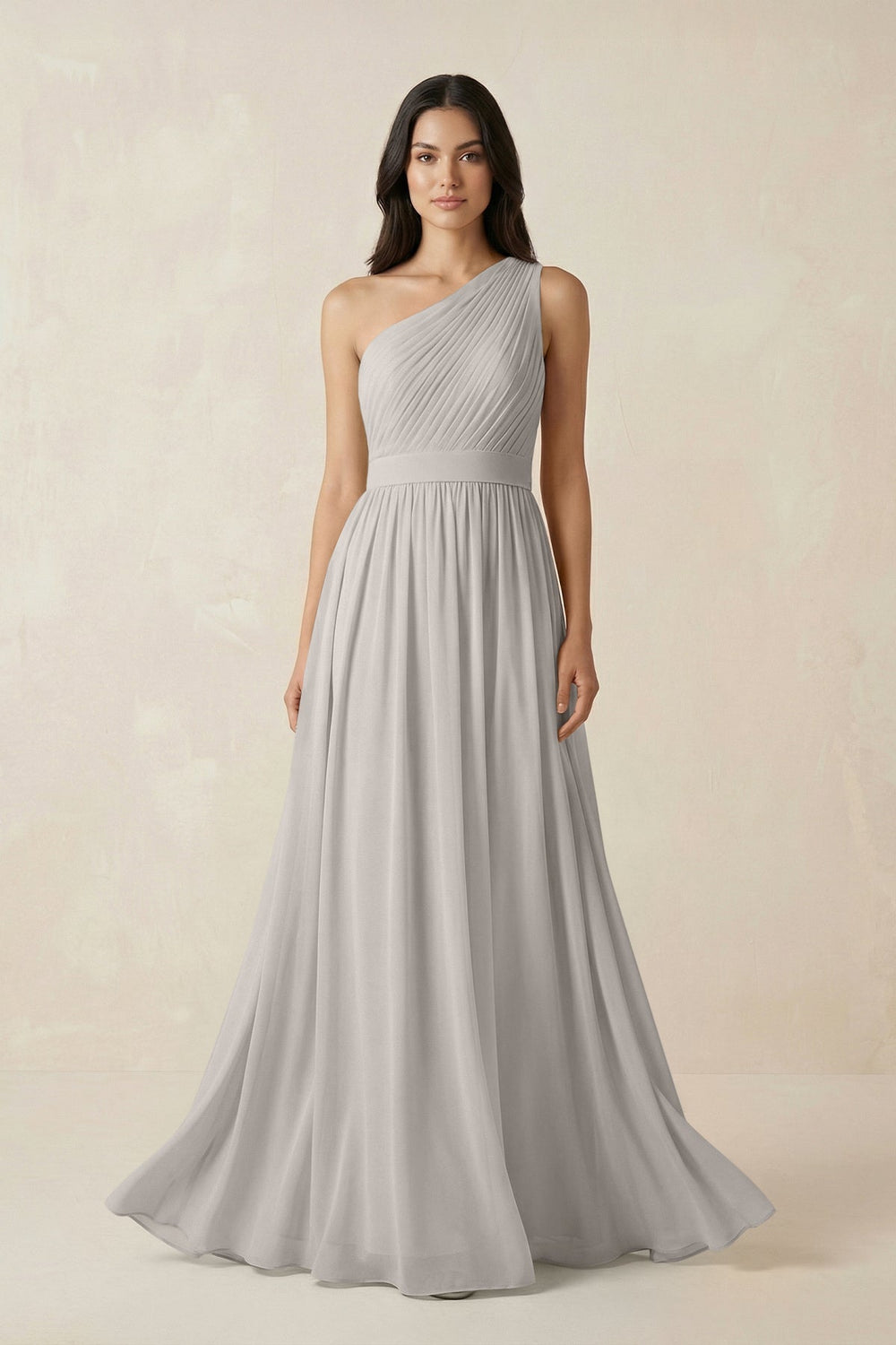 One - Shoulder Pleated Chiffon Bridesmaid Gown in Silver - SHE IS ME Bridesmaid Dresses