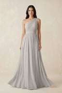 One - Shoulder Pleated Chiffon Bridesmaid Gown in Silver - SHE IS ME Bridesmaid Dresses
