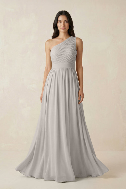 One - Shoulder Pleated Chiffon Bridesmaid Gown in Silver - SHE IS ME Bridesmaid Dresses
