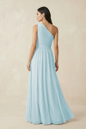 One - Shoulder Pleated Chiffon Bridesmaid Gown in Sky Blue - SHE IS ME Bridesmaid Dresses