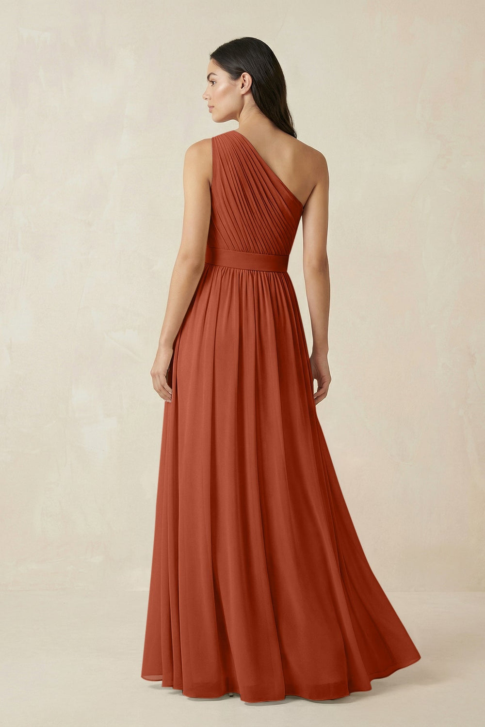 One - Shoulder Pleated Chiffon Bridesmaid Gown in Spice - SHE IS ME Bridesmaid Dresses
