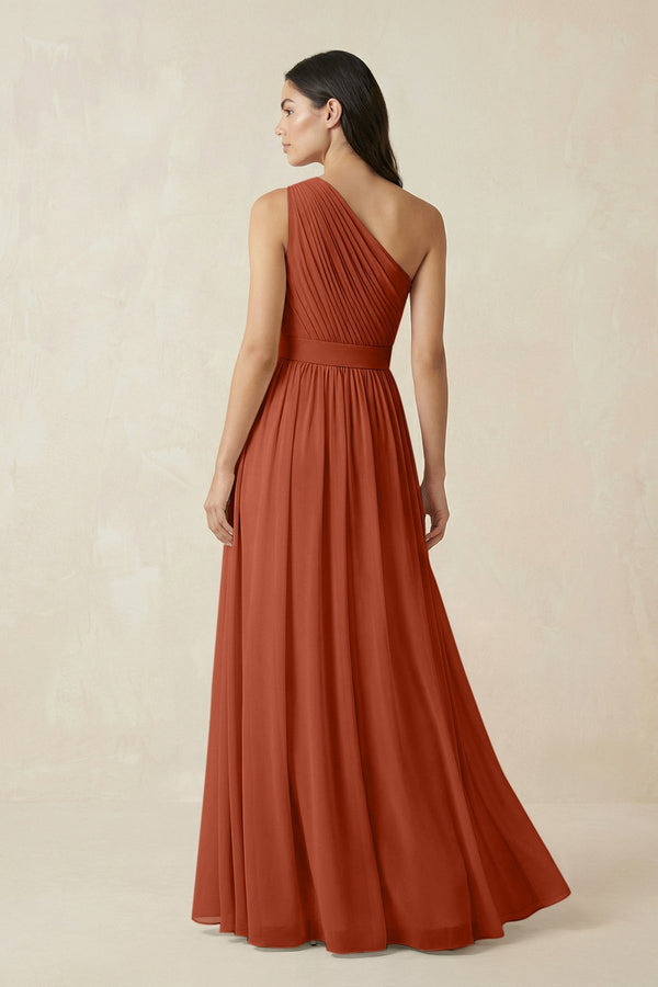 One - Shoulder Pleated Chiffon Bridesmaid Gown in Spice - SHE IS ME Bridesmaid Dresses