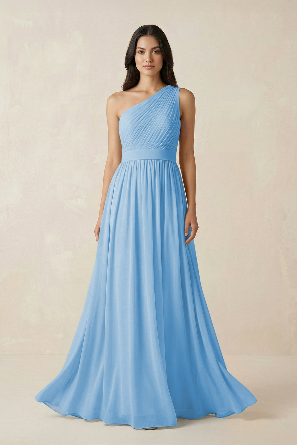 One - Shoulder Pleated Chiffon Bridesmaid Gown in Steel Blue - SHE IS ME Bridesmaid Dresses