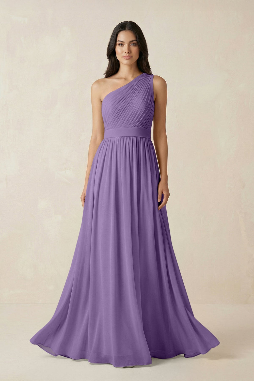 One - Shoulder Pleated Chiffon Bridesmaid Gown in Tahiti - SHE IS ME Bridesmaid Dresses