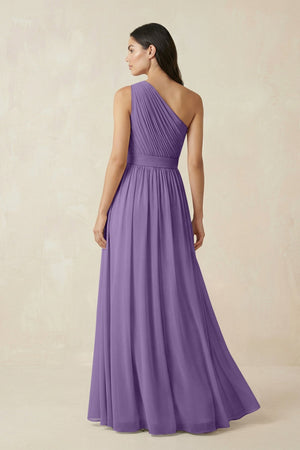 One - Shoulder Pleated Chiffon Bridesmaid Gown in Tahiti - SHE IS ME Bridesmaid Dresses