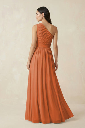 One - Shoulder Pleated Chiffon Bridesmaid Gown in Terracotta - SHE IS ME Bridesmaid Dresses
