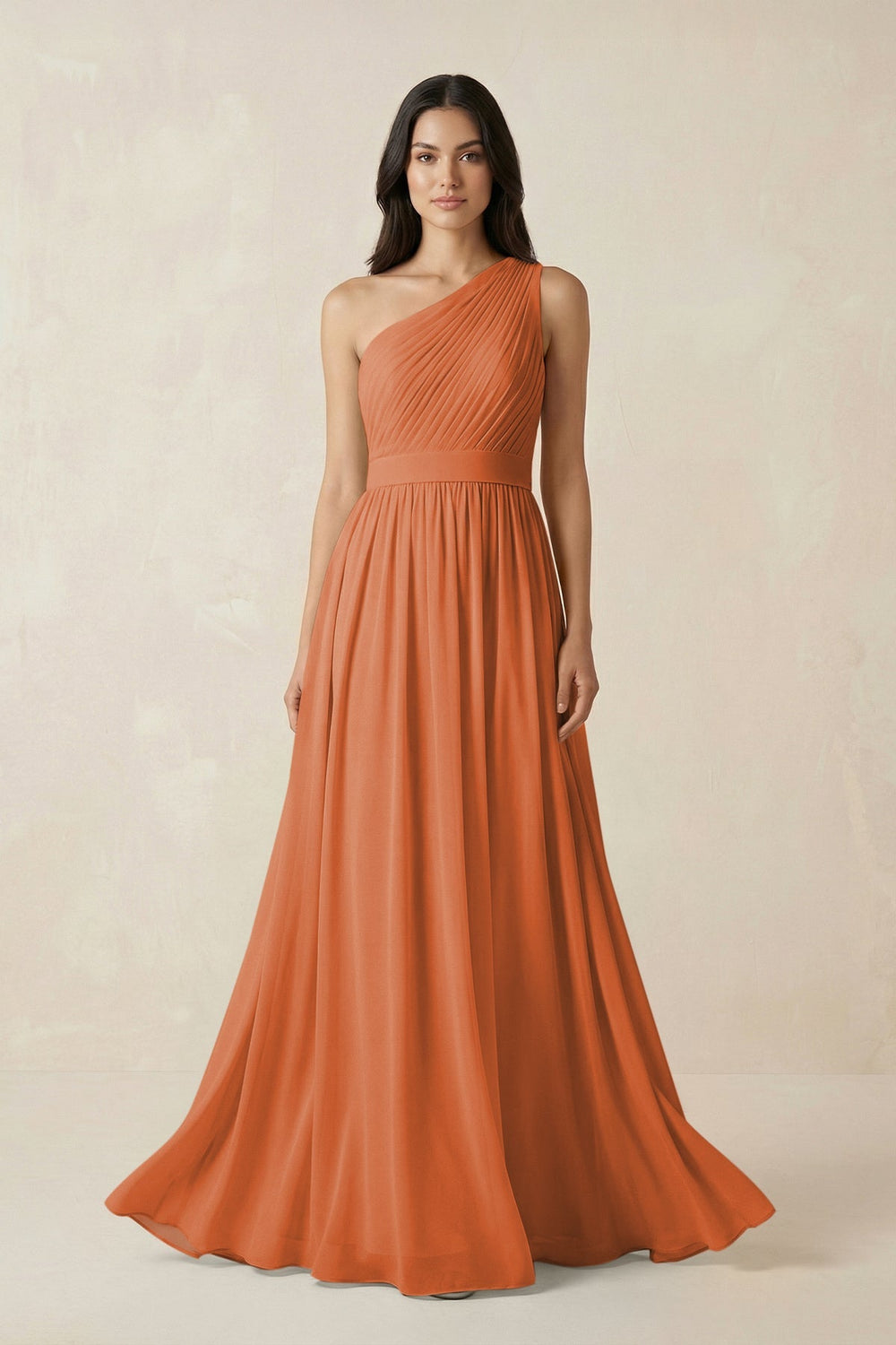 One - Shoulder Pleated Chiffon Bridesmaid Gown in Terracotta - SHE IS ME Bridesmaid Dresses