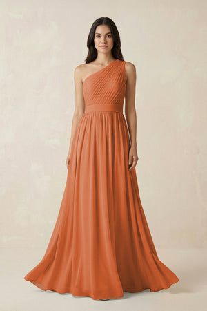 One - Shoulder Pleated Chiffon Bridesmaid Gown in Terracotta - SHE IS ME Bridesmaid Dresses