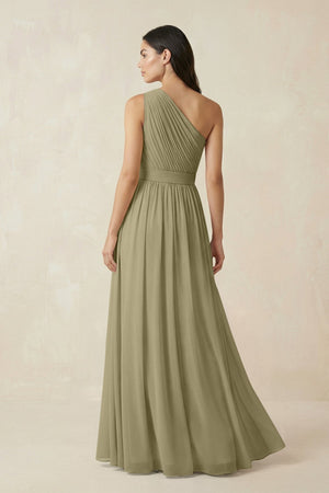 One - Shoulder Pleated Chiffon Bridesmaid Gown in Thyme - SHE IS ME Bridesmaid Dresses