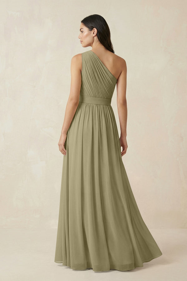 One - Shoulder Pleated Chiffon Bridesmaid Gown in Thyme - SHE IS ME Bridesmaid Dresses