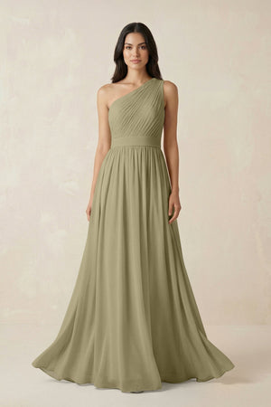 One - Shoulder Pleated Chiffon Bridesmaid Gown in Thyme - SHE IS ME Bridesmaid Dresses