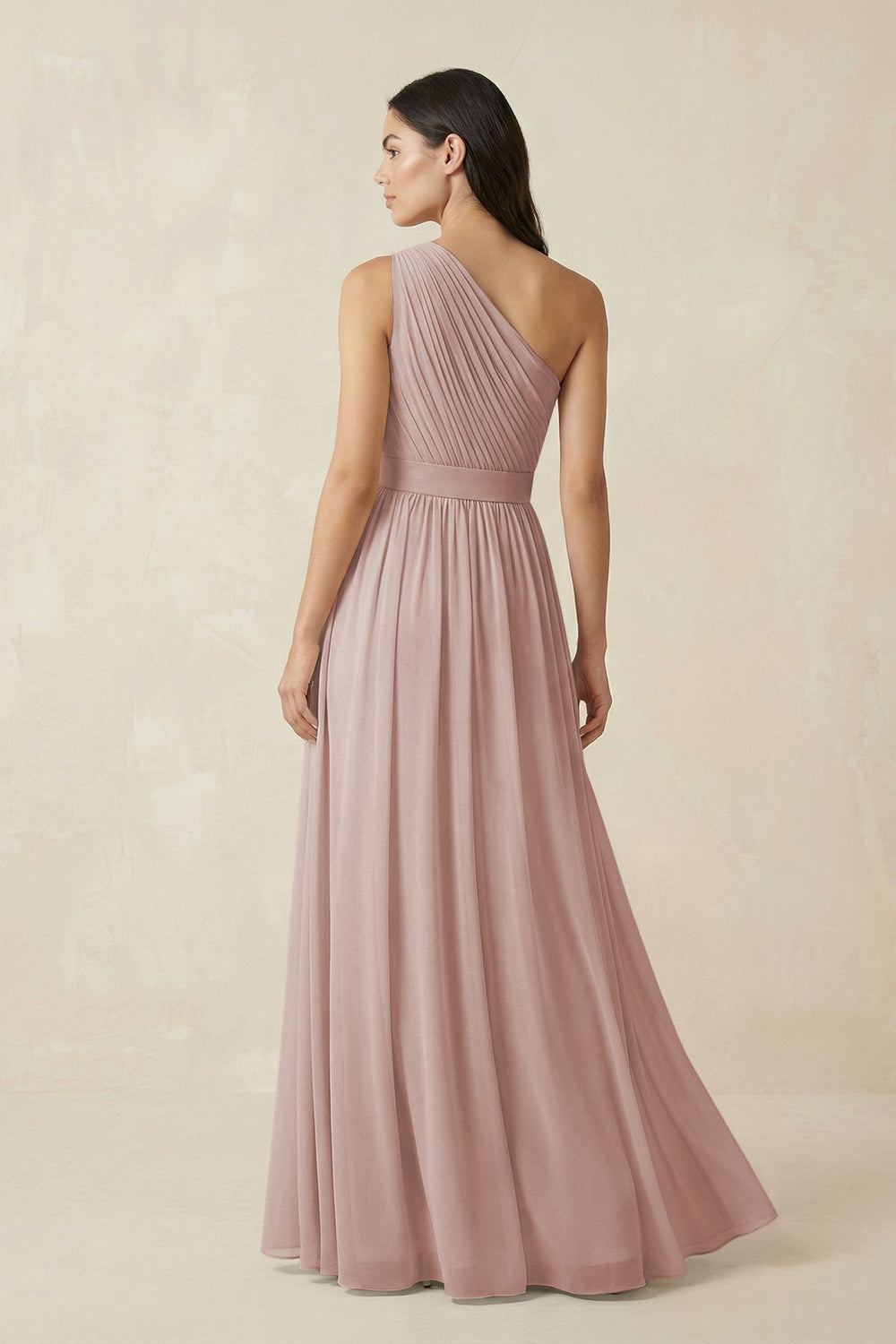 One - Shoulder Pleated Chiffon Bridesmaid Gown in Toffee - SHE IS ME Bridesmaid Dresses